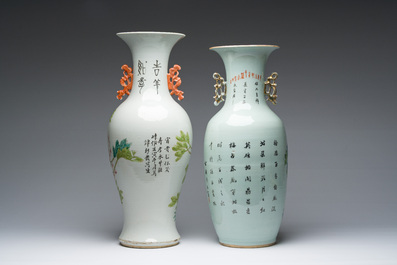 Deux vases en porcelaine de Chine famille rose et qianjiang cai &agrave; d&eacute;cor d'oiseaux parmi des branches fleuries, 19&egrave;me/20&egrave;me si&egrave;cle