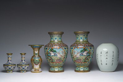 Five Chinese cloisonn&eacute; vases with cranes, taotie masks and floral design and a famille rose jar and cover, 19th/20th C.