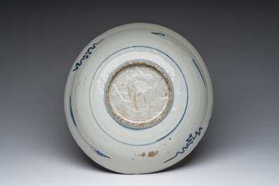 A large Chinese blue and white Swatow dish with two deer, Ming