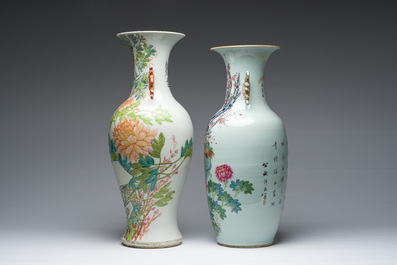 Deux vases en porcelaine de Chine famille rose et qianjiang cai &agrave; d&eacute;cor d'oiseaux parmi des branches fleuries, 19&egrave;me/20&egrave;me si&egrave;cle