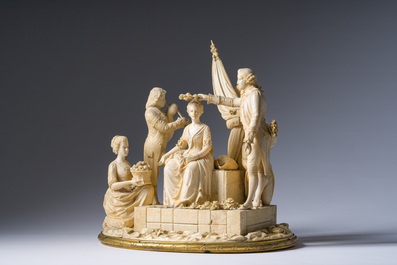 Ecole fran&ccedil;aise, suiveur de Louis-Simon Boizot (1743-1809): 'La rosi&egrave;re de Salency', ivoire sculpt&eacute;, probablement Dieppe, fin du 19&egrave;me si&egrave;cle