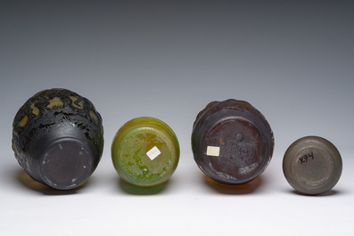 Emile Gall&eacute; (1846-1904, after): Four cameo glass Art Nouveau style vases with fauna and flora, 20th C.