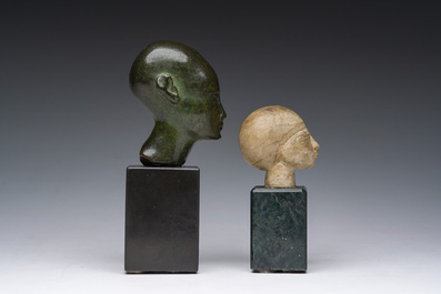 Deux t&ecirc;tes dites du 'Grand Tour' de style &eacute;gyptienne en bronze et pierre, probablement Italie, 19&egrave;me si&egrave;cle