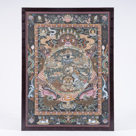 Thangka figurant 'Bhavacakra' ou 'La Roue de le Vie', N&eacute;pal, 20&egrave;me si&egrave;cle