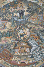 Thangka figurant 'Bhavacakra' ou 'La Roue de le Vie', N&eacute;pal, 20&egrave;me si&egrave;cle