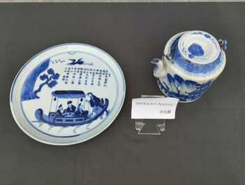 Th&eacute;i&egrave;re couverte et une assiette &agrave; d&eacute;cor d'immortels en porcelaine de Chine 'Bleu de Hue' pour le march&eacute; vietnamien, 19&egrave;me si&egrave;cle