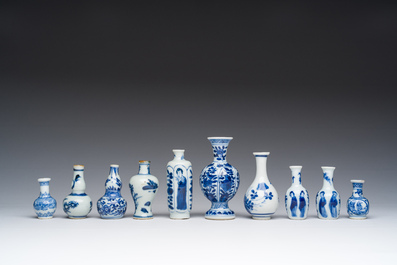 Ten Chinese blue and white miniature or doll's house vases, Kangxi