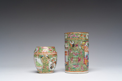 A Chinese Canton famille rose dish, a brush pot and a box and cover, 19th C.