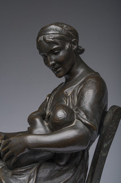 Otto De Beul (1845-1899): M&egrave;re et enfant, bronze &agrave; patin brune sur socle en marbre, marque de fonderie 'G. Paternotte fondeur Lembecq'