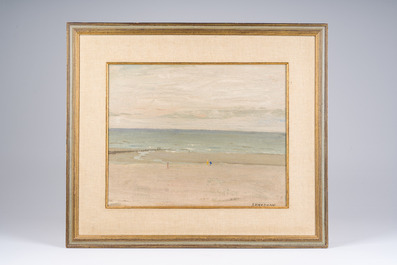 Georges Dheedene (1909-1973): Beach view, oil on panel and De Kat (20th C.): Summer fun, oil on canvas