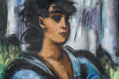 Frans Masereel (1889-1972): 'Brune au corsage bleu dans la verdure', olie op board, gedateerd 1947