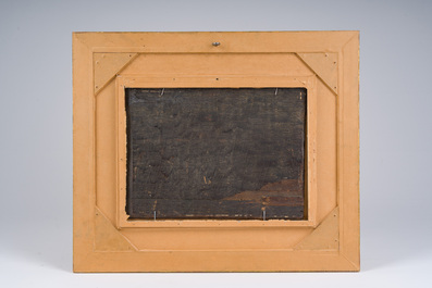 Vlaamse school: Twee reizigers en een ezel in een landschap, olie op paneel, 17de eeuw