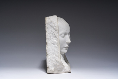 P. Simoens (19&egrave;me/20&egrave;me si&egrave;cle), suiveur de Francesco di Simone Ferrucci (1437-1493): Portrait de Barbara Manfredi en relief, marbre blanc de Carrare