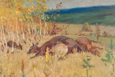 Russische school, gesigneerd Shapovalov, navolger van Arkady Alexandrovich Plastov (1893-1972): De doortocht van de fascisten, olie op doek, [1942]