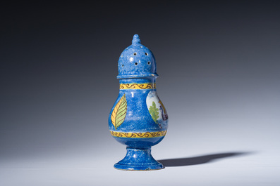 A polychrome Brussels faience caster with an animated river landscape, 18th C.