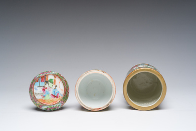 A Chinese Canton famille rose dish, a brush pot and a box and cover, 19th C.