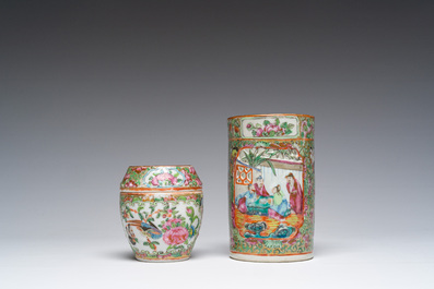 A Chinese Canton famille rose dish, a brush pot and a box and cover, 19th C.