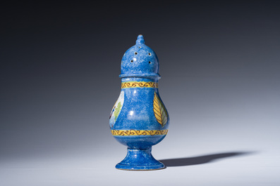 A polychrome Brussels faience caster with an animated river landscape, 18th C.