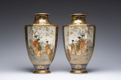 A pair of Japanese Satsuma vases with ladies and children in a garden, Meiji, 19th C.