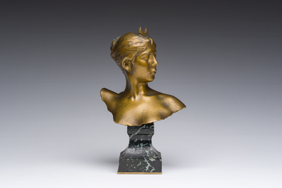 Alexandre Falgui&egrave;re (1831-1900): Buste de Diane, bronze dor&eacute; sur socle en marbre, marque de fonderie 'Thiebaut Fr&egrave;res Paris'