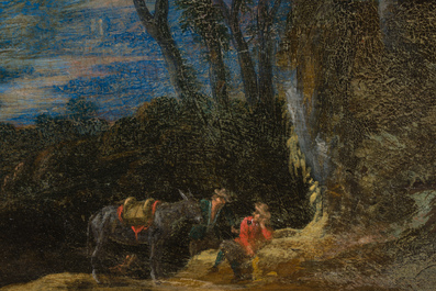 Vlaamse school: Twee reizigers en een ezel in een landschap, olie op paneel, 17de eeuw