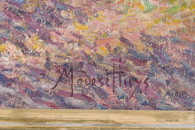 Modest Huys (1874-1932): Boerin wandelend op het toegangspad naar de boerderij, olie op doek