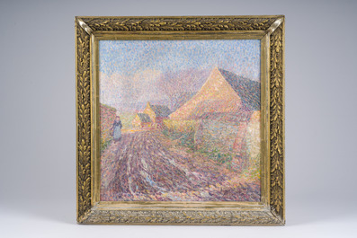 Modest Huys (1874-1932): Boerin wandelend op het toegangspad naar de boerderij, olie op doek