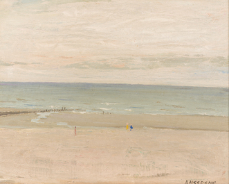 Georges Dheedene (1909-1973): Beach view, oil on panel and De Kat (20th C.): Summer fun, oil on canvas