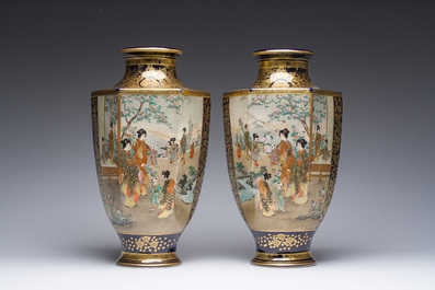A pair of Japanese Satsuma vases with ladies and children in a garden, Meiji, 19th C.