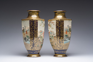 A pair of Japanese Satsuma vases with ladies and children in a garden, Meiji, 19th C.