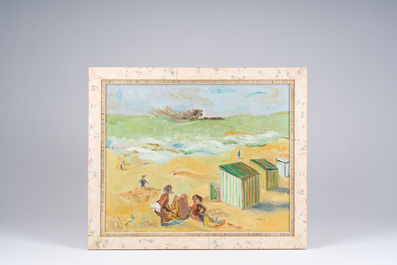 Georges Dheedene (1909-1973): Beach view, oil on panel and De Kat (20th C.): Summer fun, oil on canvas