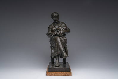 Otto De Beul (1845-1899): M&egrave;re et enfant, bronze &agrave; patin brune sur socle en marbre, marque de fonderie 'G. Paternotte fondeur Lembecq'