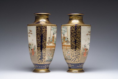 A pair of Japanese Satsuma vases with ladies and children in a garden, Meiji, 19th C.