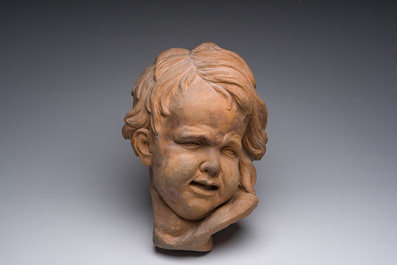 Jan Pieter van Baurscheit II (1699-1768): T&ecirc;te d'un jeune d'apr&egrave;s Fran&ccedil;ois Duquesnoy (1597-1643), terre cuite &agrave; patine, monogramm&eacute;
