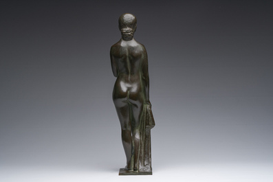 Andr&eacute; Taeckens (1906-1965): Femme nue debout portant un collier, bronze patin&eacute;, marque de fonderie 'Brons G. Vindevogel'