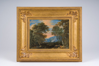 Vlaamse school: Twee reizigers en een ezel in een landschap, olie op paneel, 17de eeuw