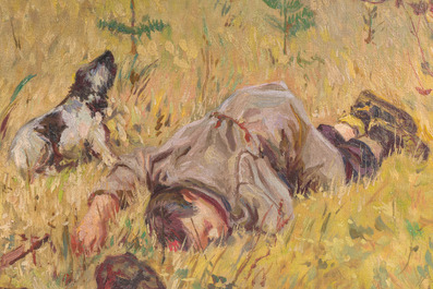 Russische school, gesigneerd Shapovalov, navolger van Arkady Alexandrovich Plastov (1893-1972): De doortocht van de fascisten, olie op doek, [1942]