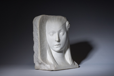 P. Simoens (19&egrave;me/20&egrave;me si&egrave;cle), suiveur de Francesco di Simone Ferrucci (1437-1493): Portrait de Barbara Manfredi en relief, marbre blanc de Carrare