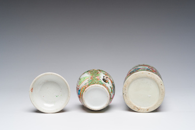 A Chinese Canton famille rose dish, a brush pot and a box and cover, 19th C.