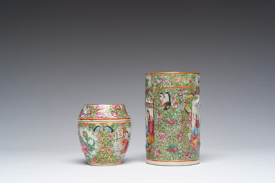 A Chinese Canton famille rose dish, a brush pot and a box and cover, 19th C.