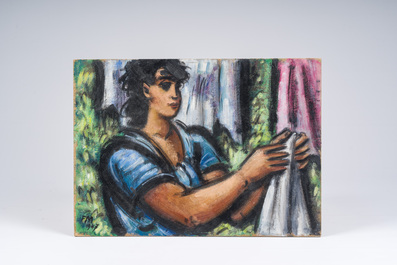 Frans Masereel (1889-1972): 'Brune au corsage bleu dans la verdure', olie op board, gedateerd 1947