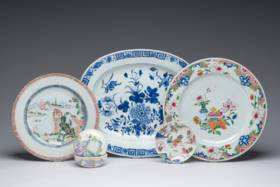 A varied collection of Chinese blue, white and famille rose porcelain, Yongzheng and later