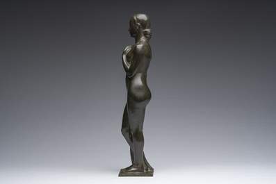 Andr&eacute; Taeckens (1906-1965): Femme nue debout portant un collier, bronze patin&eacute;, marque de fonderie 'Brons G. Vindevogel'