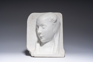 P. Simoens (19&egrave;me/20&egrave;me si&egrave;cle), suiveur de Francesco di Simone Ferrucci (1437-1493): Portrait de Barbara Manfredi en relief, marbre blanc de Carrare