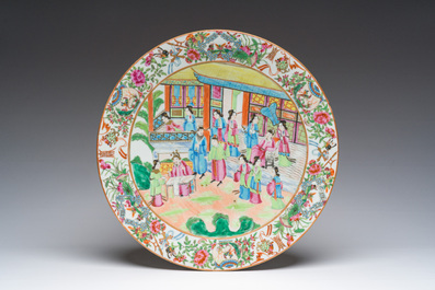 A Chinese Canton famille rose dish, a brush pot and a box and cover, 19th C.
