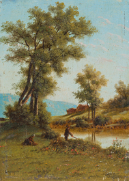 Jules Arres-Lapoque (1826-1889): Twee geanimeerde rivierlandschappen, olie op paneel