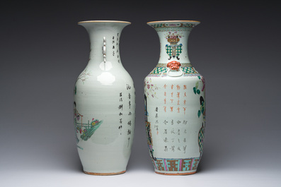 Twee Chinese famille rose vazen met bloemenmanden en Magu en een hert, 19de/20ste eeuw