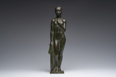 Andr&eacute; Taeckens (1906-1965): Femme nue debout portant un collier, bronze patin&eacute;, marque de fonderie 'Brons G. Vindevogel'