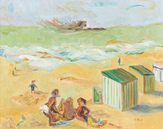 Georges Dheedene (1909-1973): Beach view, oil on panel and De Kat (20th C.): Summer fun, oil on canvas