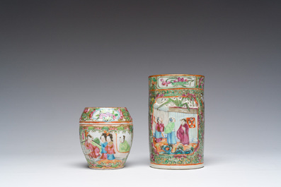 A Chinese Canton famille rose dish, a brush pot and a box and cover, 19th C.